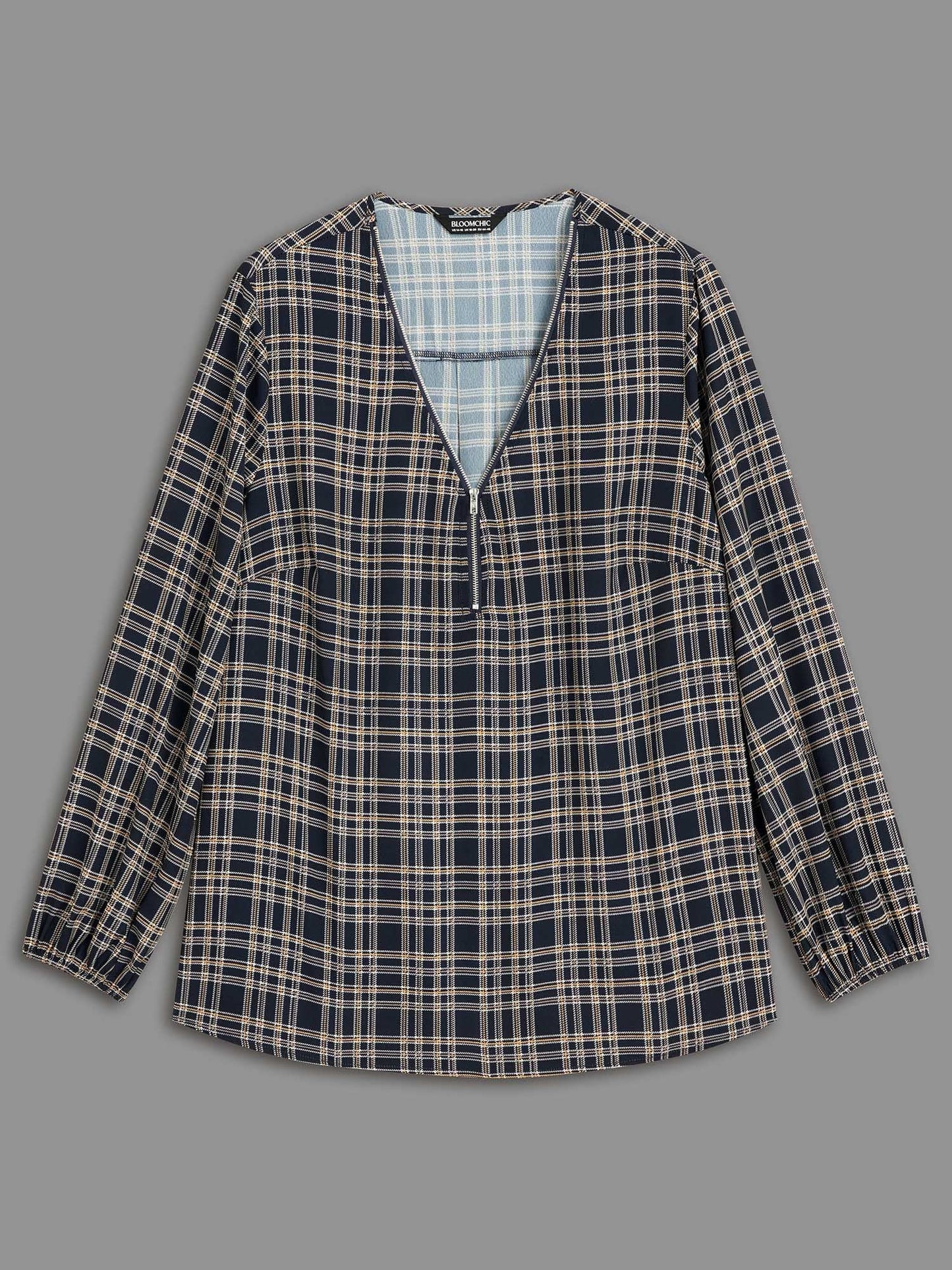 Plaid Zipper Front Lantern Sleeve Blouse