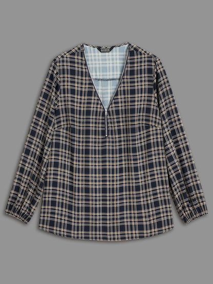 Plaid Zipper Front Lantern Sleeve Blouse