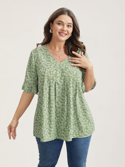 Ditsy Floral Pleated Flared Sleeve Shirt