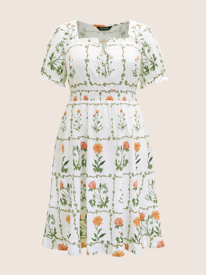 Boho Print Tie Knot Shirred Lantern Sleeve Dress