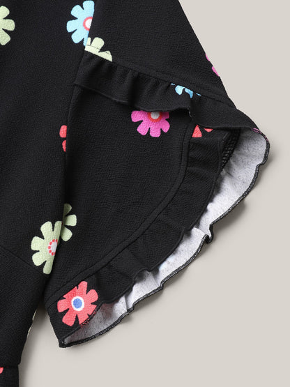 Stretchy-Waist Floral Print Pockets Midi Dress