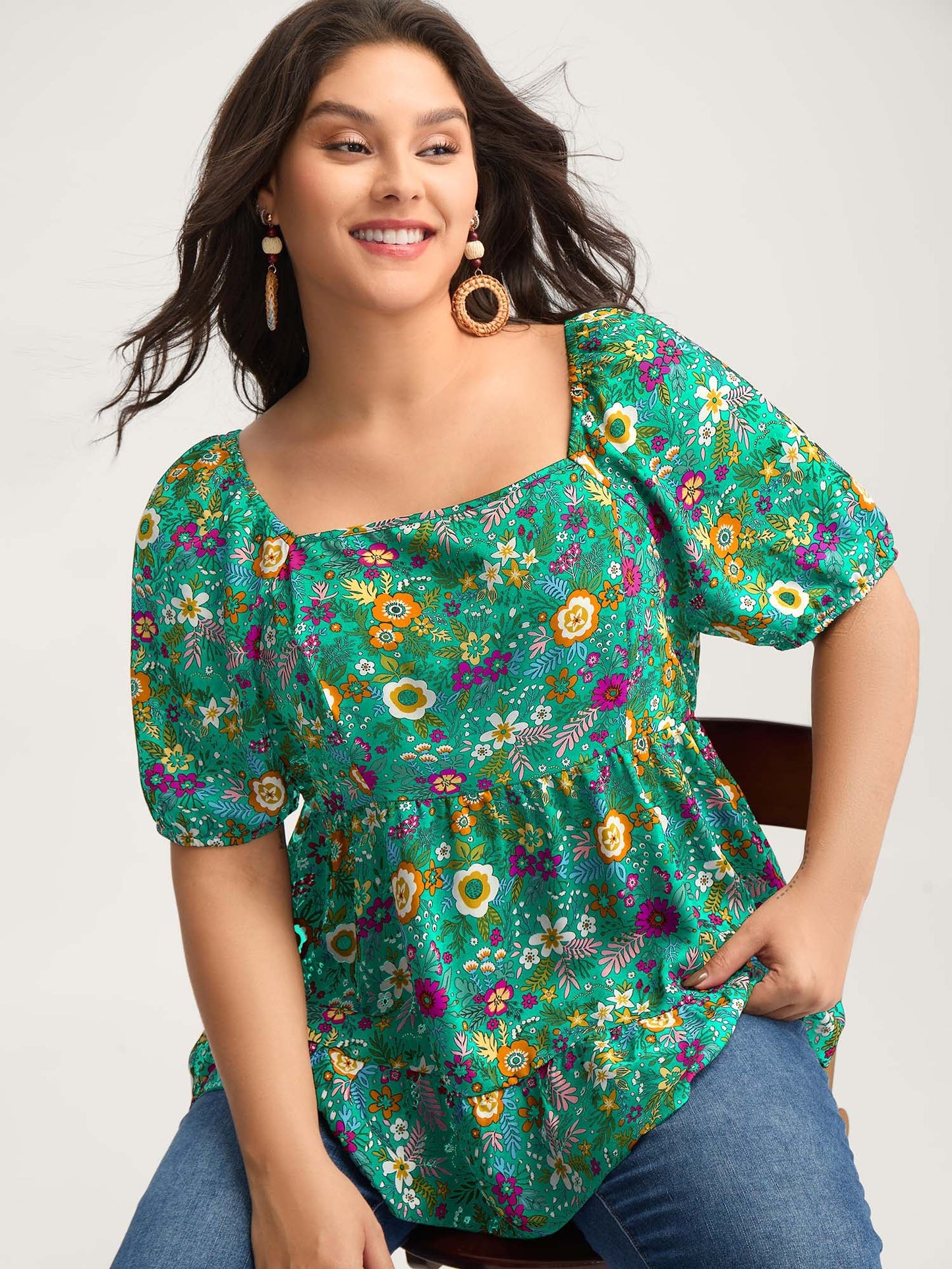 Floral Square Neck Fit and Flare Blouse