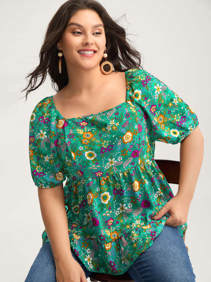 Floral Square Neck Fit and Flare Blouse
