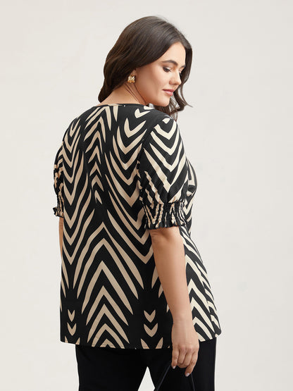 Geometric Print Ruffled Shirred Shirt