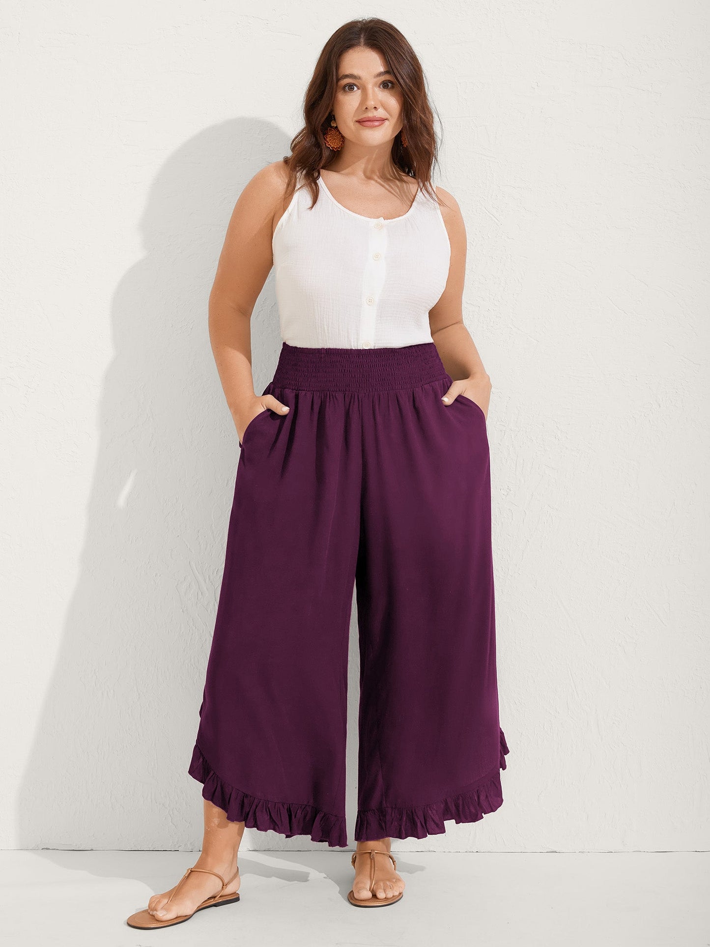 Ruffled Curvy Hem Wide-Leg Pants