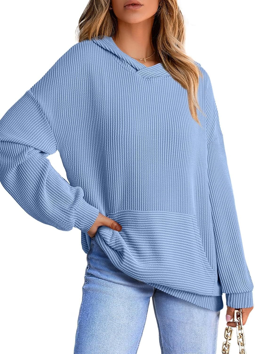 Women's Pullover Hoodies Sweatshirts Casual Loose Long Sleeve Ribbed Knit Shirts