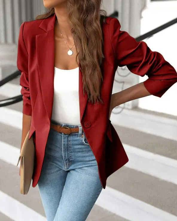 Women's Minimalist Solid Button Lapel Collar Blazer for Spring