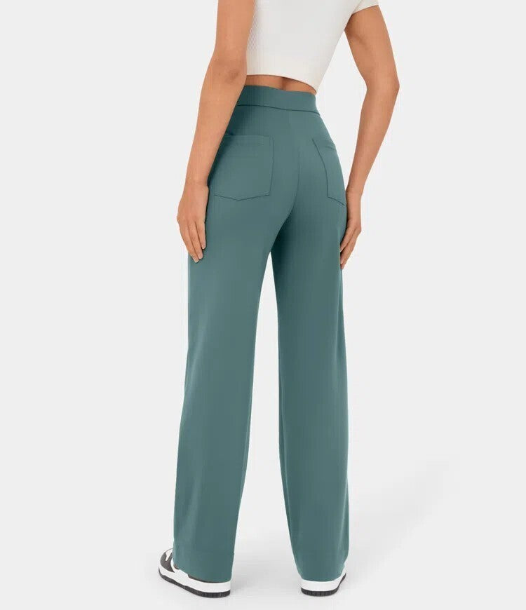 High Waisted Button Multiple Pockets Straight Leg Casual Pants