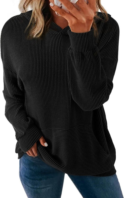 Women's Pullover Hoodies Sweatshirts Casual Loose Long Sleeve Ribbed Knit Shirts