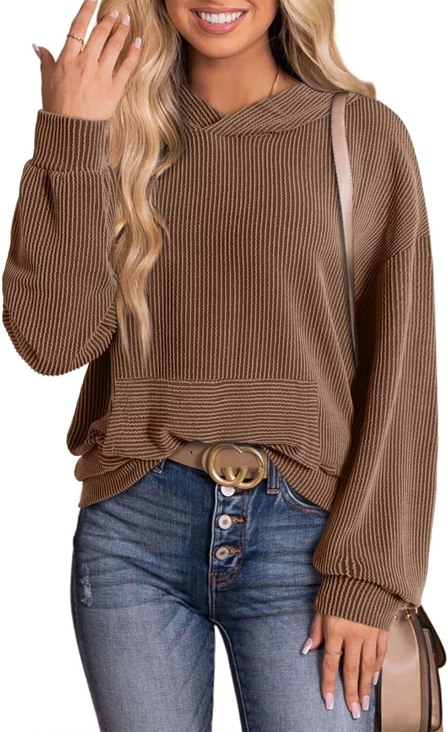 Women's Pullover Hoodies Sweatshirts Casual Loose Long Sleeve Ribbed Knit Shirts