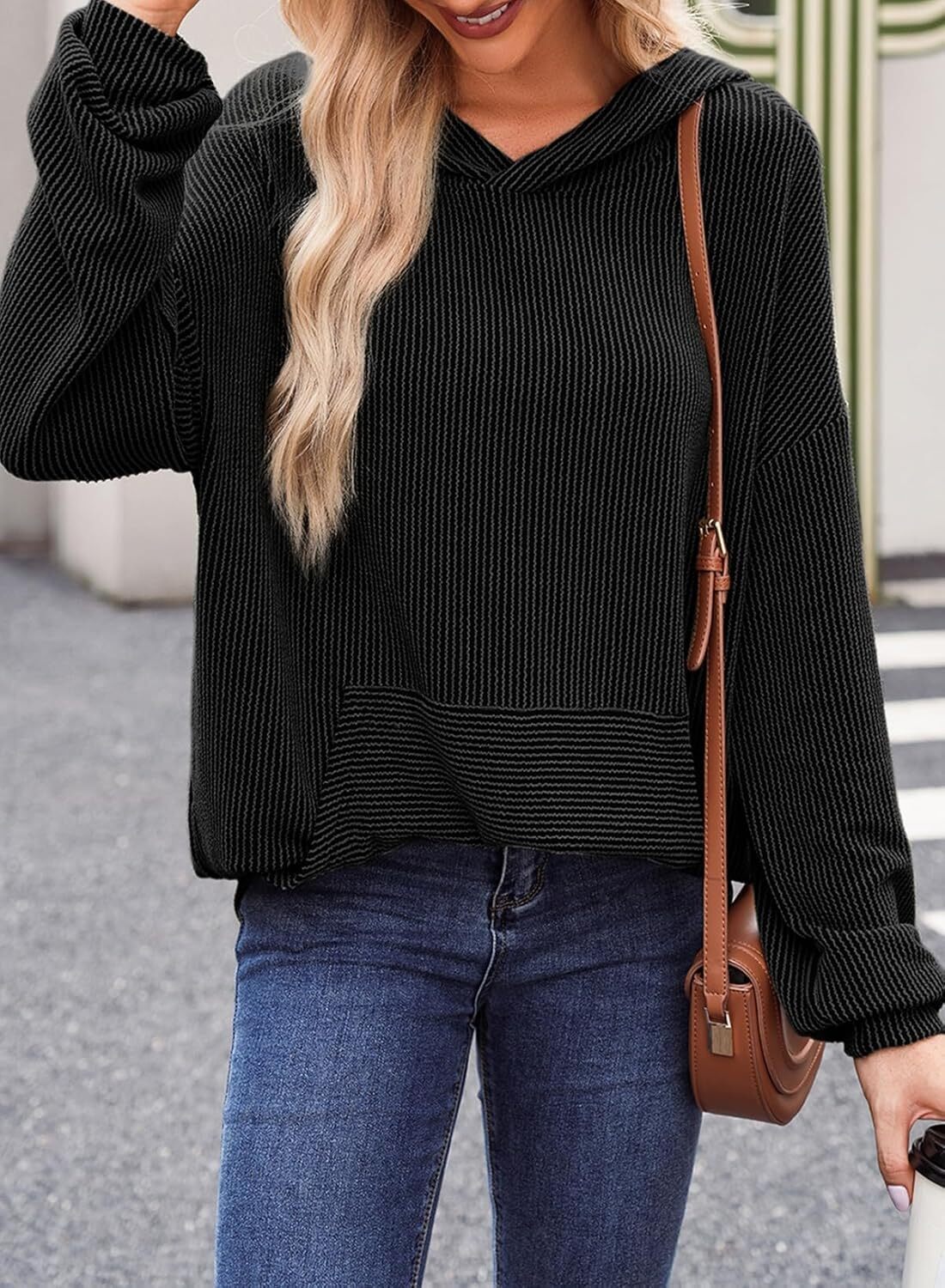 Women's Pullover Hoodies Sweatshirts Casual Loose Long Sleeve Ribbed Knit Shirts