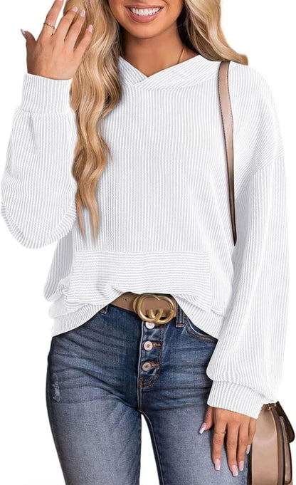 Women's Pullover Hoodies Sweatshirts Casual Loose Long Sleeve Ribbed Knit Shirts